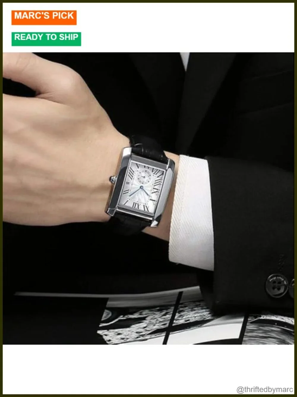 Men's Retro Rectangular Dress Watch Quartz Leather Strap Roman Numeral Calendar